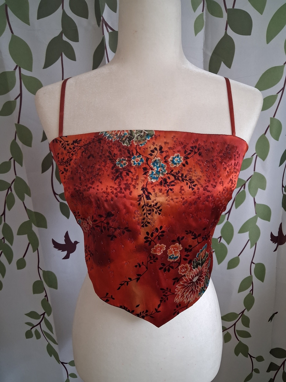 Necessary Objects Red Floral Satin Spaghetti-Strap Crop Top